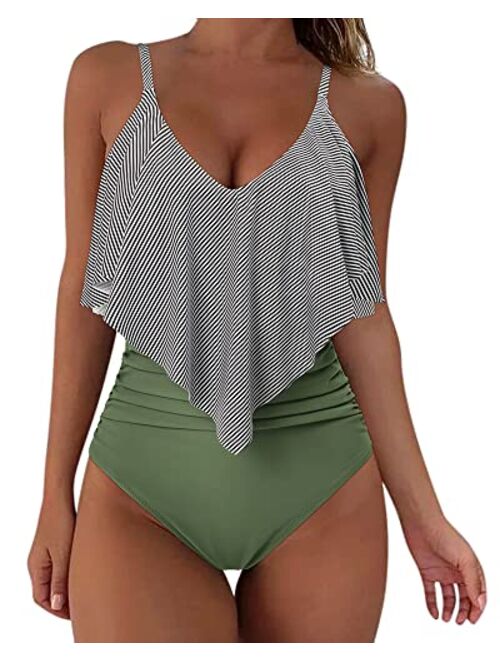 SUUKSESS Women Slimming Ruffle One Piece Swimsuits Ruched Tummy Control Bathing Suits