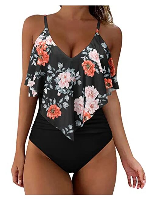 SUUKSESS Women Slimming Ruffle One Piece Swimsuits Ruched Tummy Control Bathing Suits