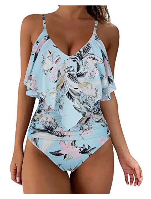 SUUKSESS Women Slimming Ruffle One Piece Swimsuits Ruched Tummy Control Bathing Suits