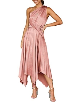 Women's Summer One Shoulder Midi Dress Sleeveless Twist Pleated Asymmetric Satin Cocktail Party Dress