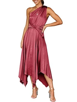 Women's Summer One Shoulder Midi Dress Sleeveless Twist Pleated Asymmetric Satin Cocktail Party Dress