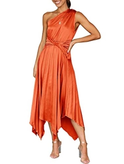 Women's Summer One Shoulder Midi Dress Sleeveless Twist Pleated Asymmetric Satin Cocktail Party Dress