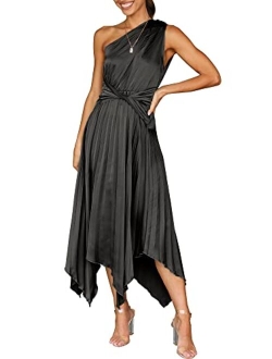 Women's Summer One Shoulder Midi Dress Sleeveless Twist Pleated Asymmetric Satin Cocktail Party Dress