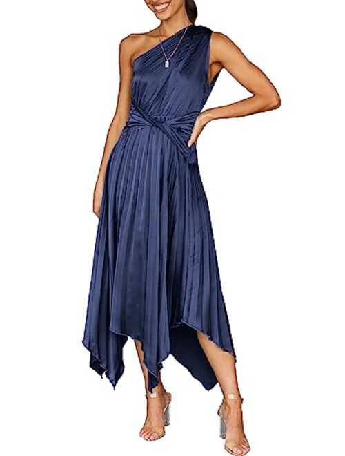 ANRABESS Women's Summer One Shoulder Midi Dress Sleeveless Twist Pleated Asymmetric Satin Cocktail Party Dress