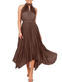 Women's Sleeveless Cutout Halter Neck Satin Formal Dress Smocked Pleated Asymmetric Party Cocktail Maxi Dress