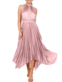 Women's Sleeveless Cutout Halter Neck Satin Formal Dress Smocked Pleated Asymmetric Party Cocktail Maxi Dress