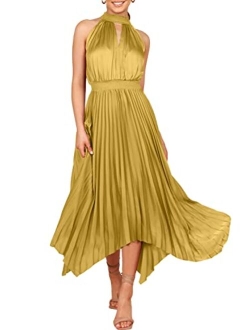 Women's Sleeveless Cutout Halter Neck Satin Formal Dress Smocked Pleated Asymmetric Party Cocktail Maxi Dress