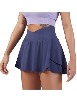 Womens Pleated Tennis Skirt Crossover High Waisted Mesh Golf Skorts