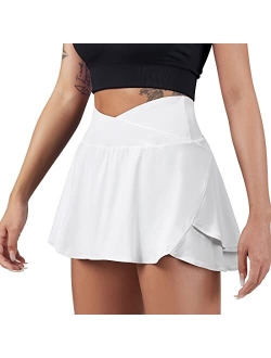 Womens Pleated Tennis Skirt Crossover High Waisted Mesh Golf Skorts