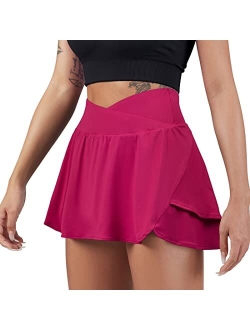 Womens Pleated Tennis Skirt Crossover High Waisted Mesh Golf Skorts