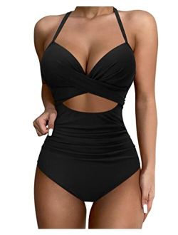 Women Wrap Cut Out One Piece Swimsuit High Waisted Monokini Bathing Suit