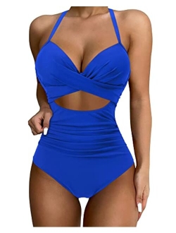 Women Wrap Cut Out One Piece Swimsuit High Waisted Monokini Bathing Suit