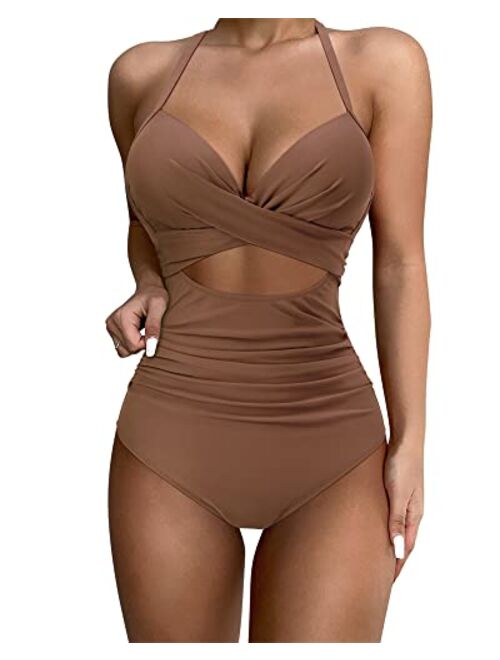 SUUKSESS Women Wrap Cut Out One Piece Swimsuit High Waisted Monokini Bathing Suit