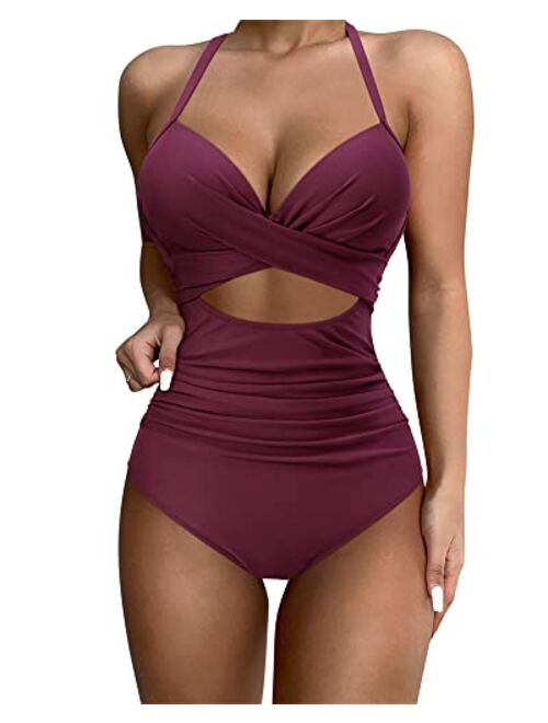 SUUKSESS Women Wrap Cut Out One Piece Swimsuit High Waisted Monokini Bathing Suit