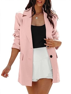 Women's Casual Button Long Sleeve Lapel Open Front Pad Shoulder Office Blazer Jacket Work Suit