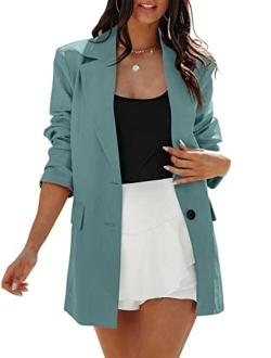 Women's Casual Button Long Sleeve Lapel Open Front Pad Shoulder Office Blazer Jacket Work Suit