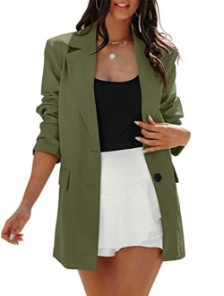 Women's Casual Button Long Sleeve Lapel Open Front Pad Shoulder Office Blazer Jacket Work Suit