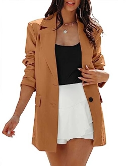 Women's Casual Button Long Sleeve Lapel Open Front Pad Shoulder Office Blazer Jacket Work Suit