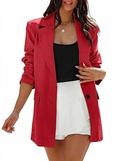 Women's Casual Button Long Sleeve Lapel Open Front Pad Shoulder Office Blazer Jacket Work Suit