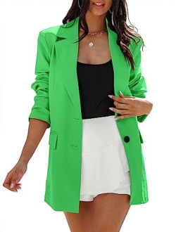 Women's Casual Button Long Sleeve Lapel Open Front Pad Shoulder Office Blazer Jacket Work Suit