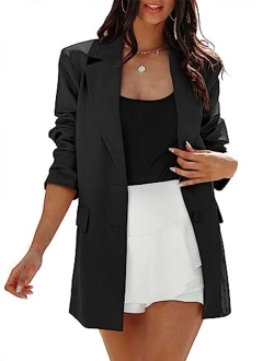 Women's Casual Button Long Sleeve Lapel Open Front Pad Shoulder Office Blazer Jacket Work Suit