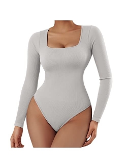 Women Ribbed Seamless Long Sleeve Bodysuit Square Scoop Notch Neck Bodysuit