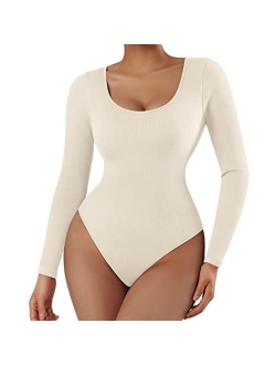 Women Ribbed Seamless Long Sleeve Bodysuit Square Scoop Notch Neck Bodysuit