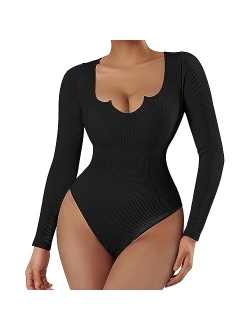 Women Ribbed Seamless Long Sleeve Bodysuit Square Scoop Notch Neck Bodysuit