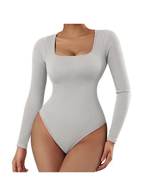 SUUKSESS Women Ribbed Seamless Long Sleeve Bodysuit Square Scoop Notch Neck Bodysuit