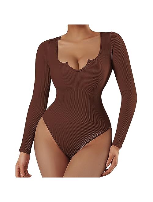 SUUKSESS Women Ribbed Seamless Long Sleeve Bodysuit Square Scoop Notch Neck Bodysuit