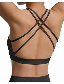 Women Open Back Strappy Sports Bra Criss Cross Backless Padded Crop Top