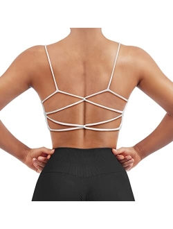 Women Open Back Strappy Sports Bra Criss Cross Backless Padded Crop Top