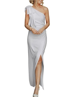 Women's Summer One Shoulder Long Formal Dresses Sleeveless Ruched Bodycon Wedding Guest Slit Maxi Dress