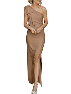 Women's Summer One Shoulder Long Formal Dresses Sleeveless Ruched Bodycon Wedding Guest Slit Maxi Dress