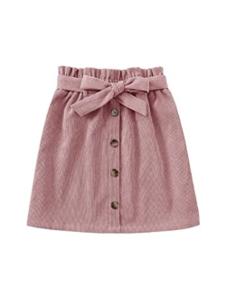 Girl's Paper Bag Waist Button Front Pocket A Line Belted Skirt