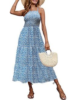 Women's 2023 Summer Halter Floral Maxi Dress Boho Beach Vacation Long Flowy Backless Dress