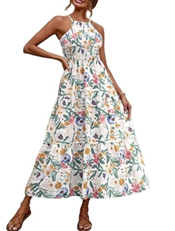 Women's 2023 Summer Halter Floral Maxi Dress Boho Beach Vacation Long Flowy Backless Dress