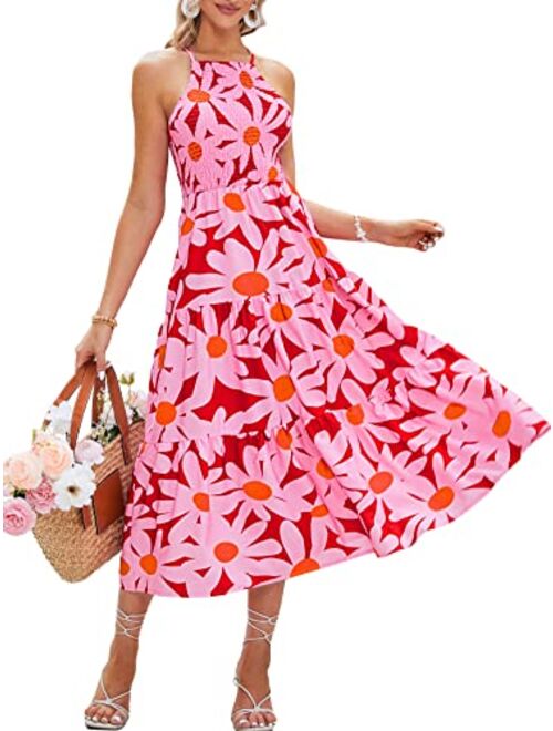 BerryGo Women's 2023 Summer Halter Floral Maxi Dress Boho Beach Vacation Long Flowy Backless Dress