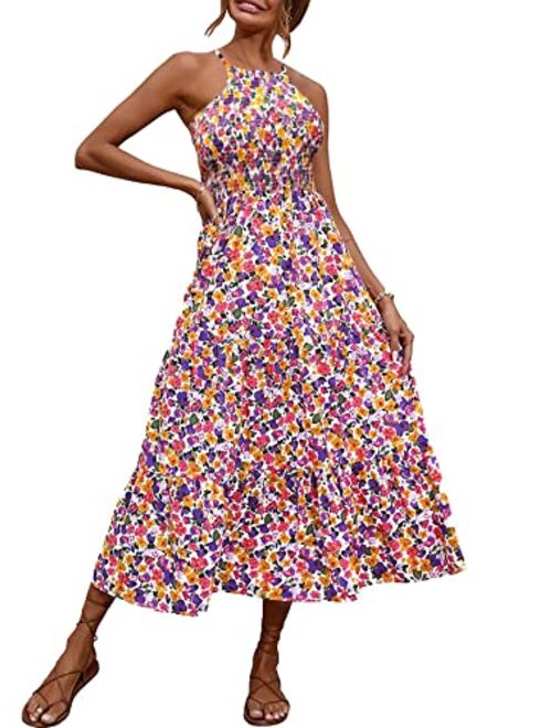 BerryGo Women's 2023 Summer Halter Floral Maxi Dress Boho Beach Vacation Long Flowy Backless Dress