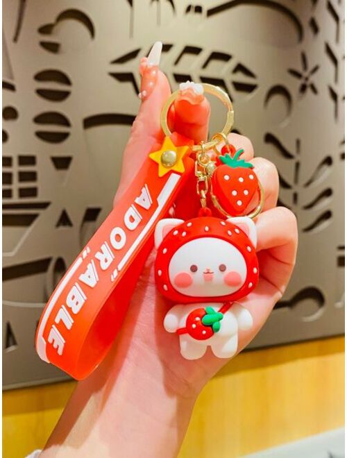 Shein 1pc Unisex Cartoon Cat & Strawberry Charm Cute Keychain For Key Decoration