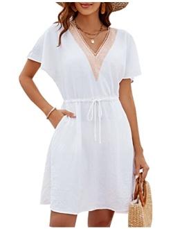 Womens Bathing Suit Cover Ups V Neck Summer Beach Dress Dolman Sleeve Swimsuit Coverup