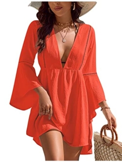 Womens Swimsuit Coverup V Neck Chiffon Bathing Suit Beach Dress Flowy Swim Bikini Cover Up