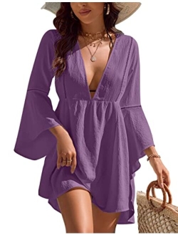 Womens Swimsuit Coverup V Neck Chiffon Bathing Suit Beach Dress Flowy Swim Bikini Cover Up