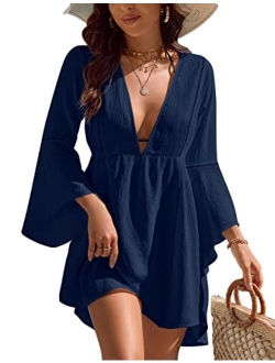 Womens Swimsuit Coverup V Neck Chiffon Bathing Suit Beach Dress Flowy Swim Bikini Cover Up