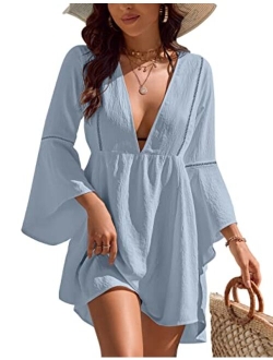 Womens Swimsuit Coverup V Neck Chiffon Bathing Suit Beach Dress Flowy Swim Bikini Cover Up