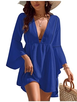 Womens Swimsuit Coverup V Neck Chiffon Bathing Suit Beach Dress Flowy Swim Bikini Cover Up