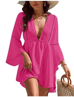 Womens Swimsuit Coverup V Neck Chiffon Bathing Suit Beach Dress Flowy Swim Bikini Cover Up