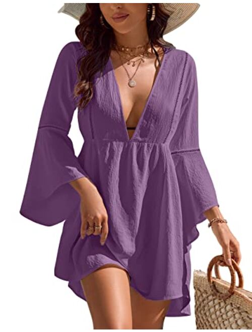 Blooming Jelly Womens Swimsuit Coverup V Neck Chiffon Bathing Suit Beach Dress Flowy Swim Bikini Cover Up