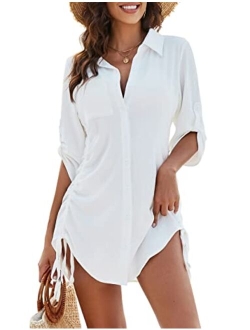 Womens Bathing Suit Cover Ups Bikini Swimsuit Coverup Drawstring Button Down Beach Dress Shirt