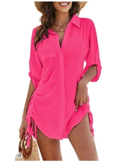 Womens Bathing Suit Cover Ups Bikini Swimsuit Coverup Drawstring Button Down Beach Dress Shirt